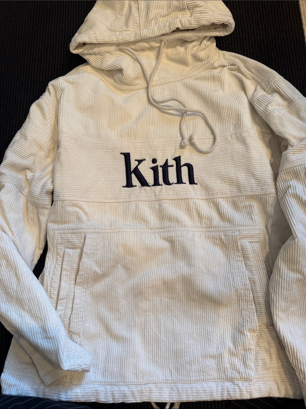 Kith Men's Cream Corduroy Crewneck Hoodie with Navy Logo